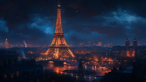 Luminous Eiffel Tower rises over a stormy, cinematic Paris night