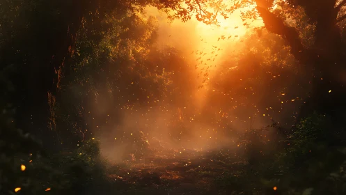 Golden Woodland Portal: Sunlit Forest Passage with Luminous Atmosphere.
