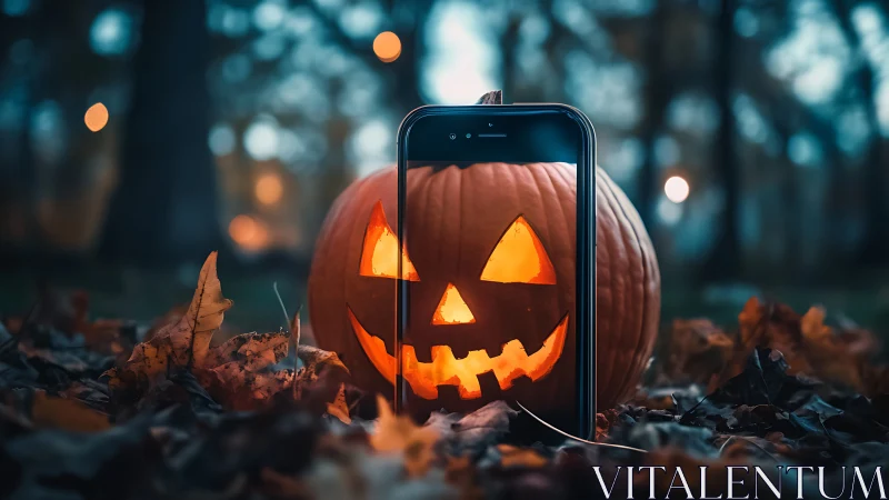 Glowing jack o’lantern smiles through a smartphone frame