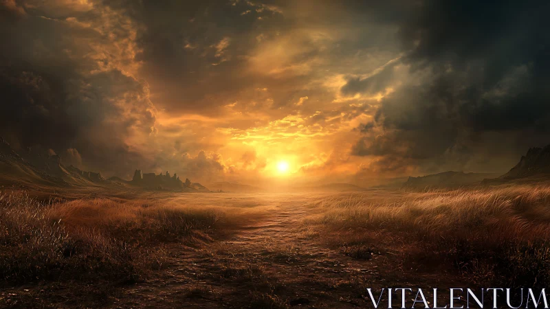 Stormlit golden plain under burning sunset horizon