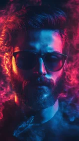 Neon lit portrait of a bearded man in cool drifting smoke.