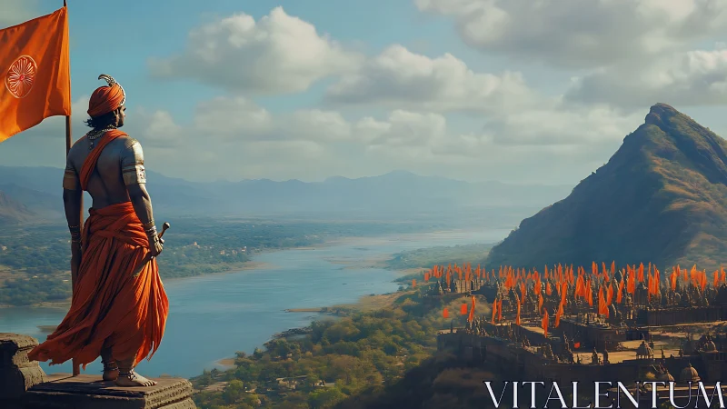 Warrior in orange overlooking riverside fortress of flags.