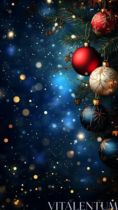 Christmas ornaments hang on fir branch over blue bokeh