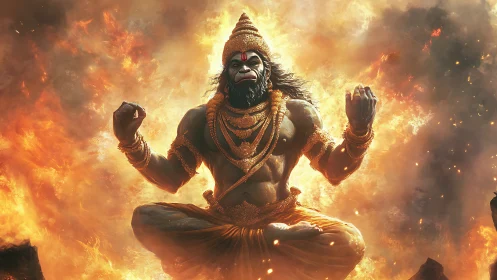 Mythic warrior deity meditates in blazing inferno aura.