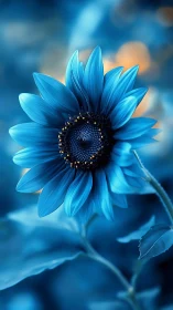 Iridescent blue sunflower close-up in dreamy bokeh glow.