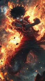 Male anime fighter in burning environment, clenched pose.