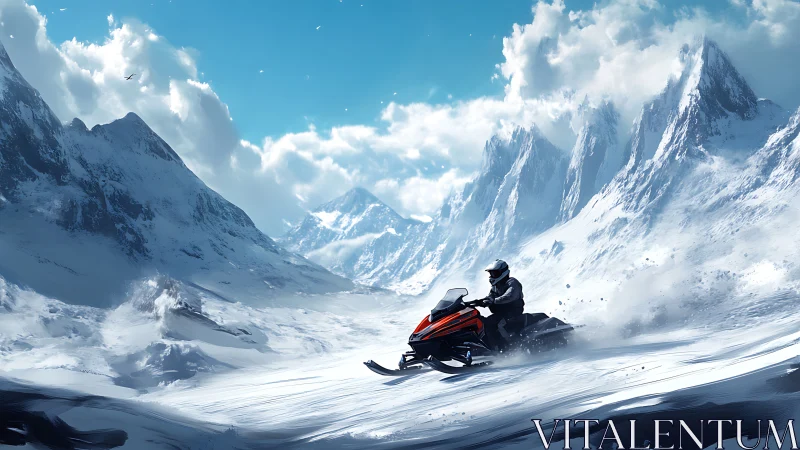 Snowmobile rush across sunlit peaks and open powder fields.