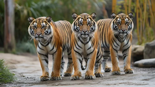 Three Bengal Tigers Walking Forward in Natural Habitat.