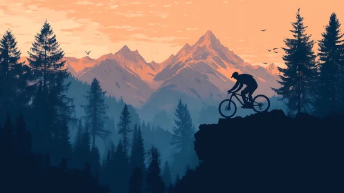 Mountain Biker Silhouette Against Majestic Alpine Peaks.