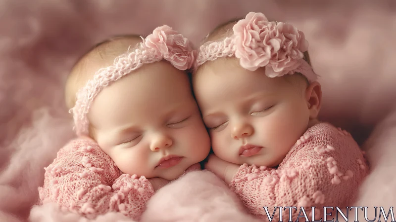 Twin infants sleep peacefully amid soft pink textiles and delicate floral headpieces.