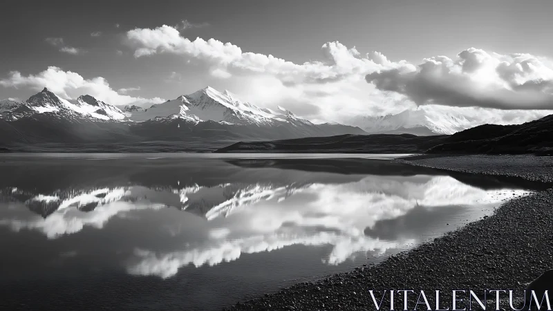 Snow peaks mirrored on calm alpine lake in monochrome.