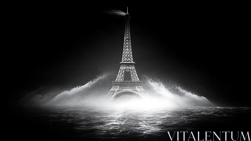 Stormlit Eiffel Tower rises calmly from the dark ocean waves