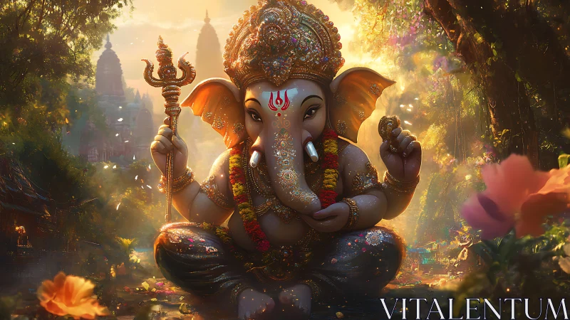 Golden forest blessings with serene elephant deity figure.