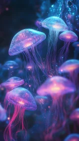 Bioluminescent jellyfish cluster rendered with neon volumetric light