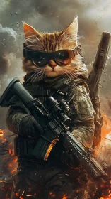 Battle-ready cat hero strides through fiery chaos in style.