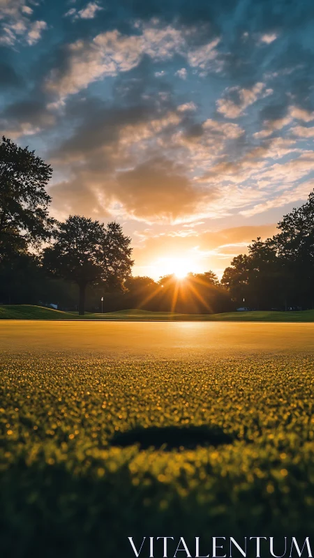 Golden hour golf green dreaming under a slow-burning sunrise.