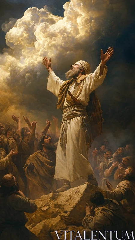 Oil painting of prophetic leader on rock under luminous clouds.
