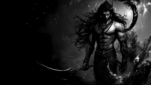 Stormlit warrior god walks through swirling midnight tide.