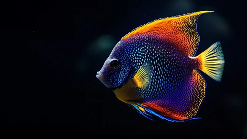 Tropical angelfish profile with multicolor fins on black.
