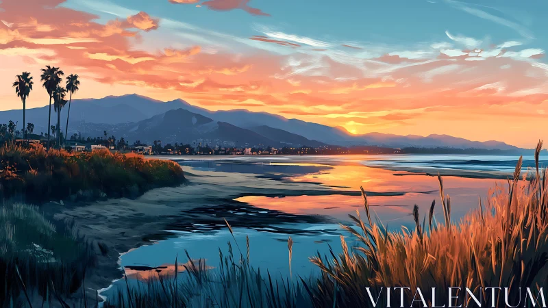 Vibrant coastal sunset illuminates mountains and reflective bay