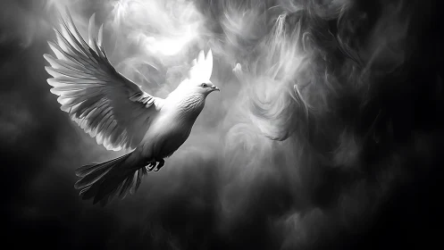 High-contrast monochrome dove ascending through luminous smoke