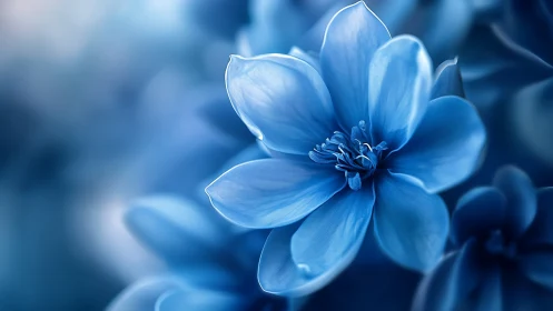 Blue flower with detailed stamen structure in soft focus environment.