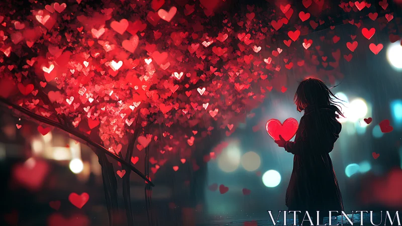 Silhouetted Figure Clutching Luminescent Heart Amid Cascading Red Bokeh.