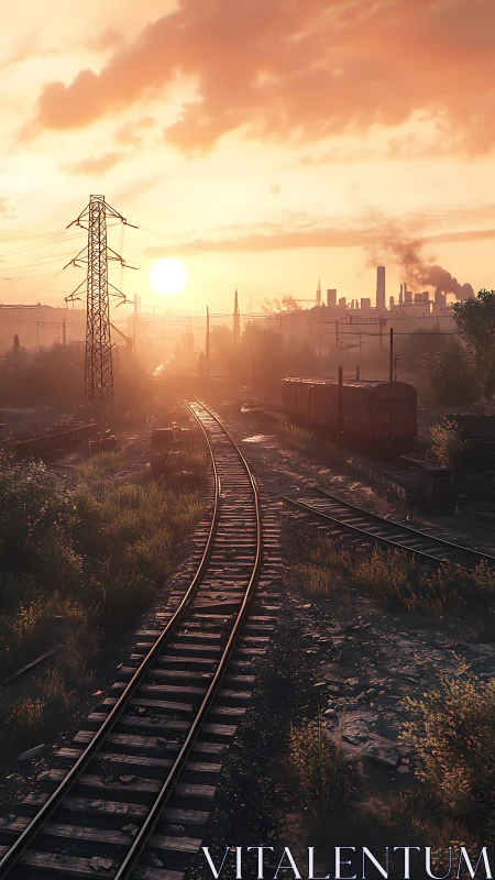 Sunset rails curling toward a smoky city horizon glow.