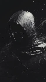 Hooded shadow figure emerges from abstract darkness.