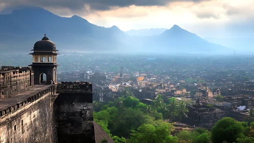 Fortified stone bastion overlooks hazy valley city and layered hills