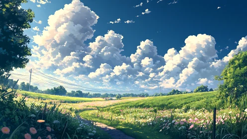 Cloud filled summer sky stretches above rural flower fields