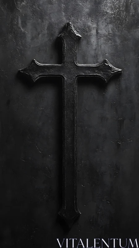 Matte black crucifix casts subtle relief on textured wall