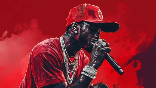 Digital portrait rapper in red with microphone and jewelry.