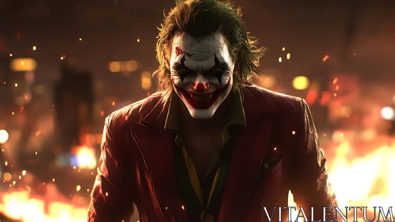 Sinister clown figure advances through blazing urban chaos