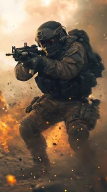 Tactical operator in explosive battlefield environment, digital realism.