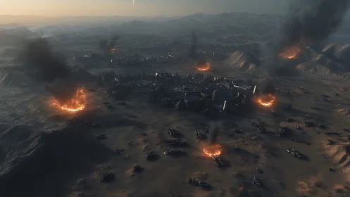 Orbital-bombarded desert megacity under systemic siege fire.