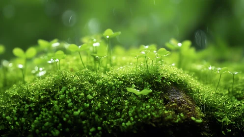 Macro study of dewy moss and clover in shallow focus field.