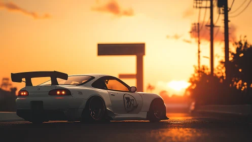 Modified white sports car waits on empty road at sunset