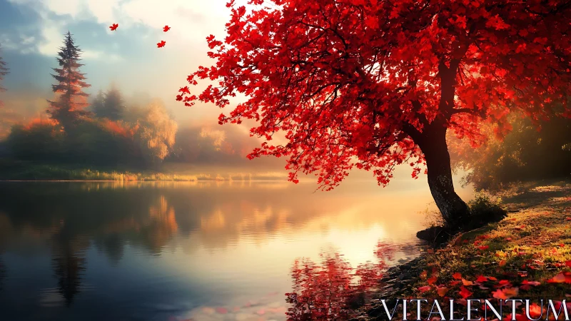 Digital painting of scarlet riverside maple at sunrise glow.