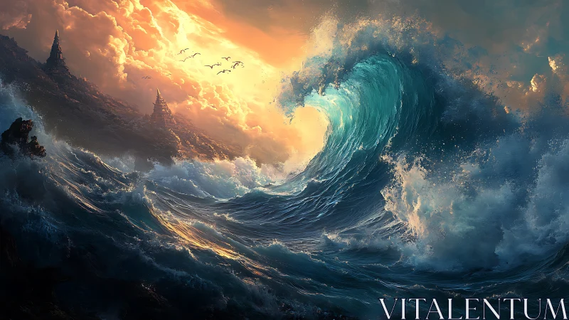 High-energy ocean wave curls toward sunlit sky with luminous foam