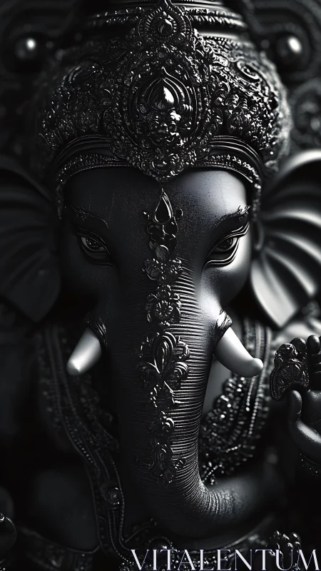 Ornate dark Ganesh bust in dramatic high contrast lighting.