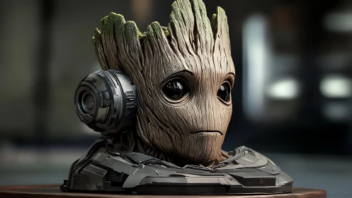 Cyborg tree creature bust with sci fi headset portrait.