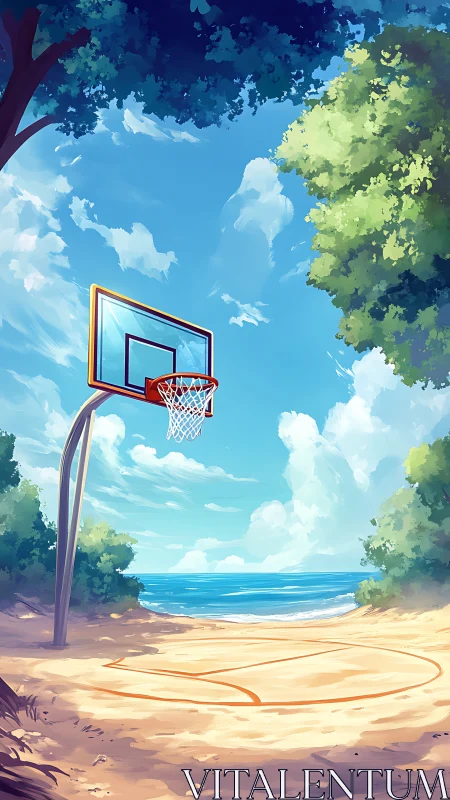 Seaside basketball court stands under a bright summer sky.