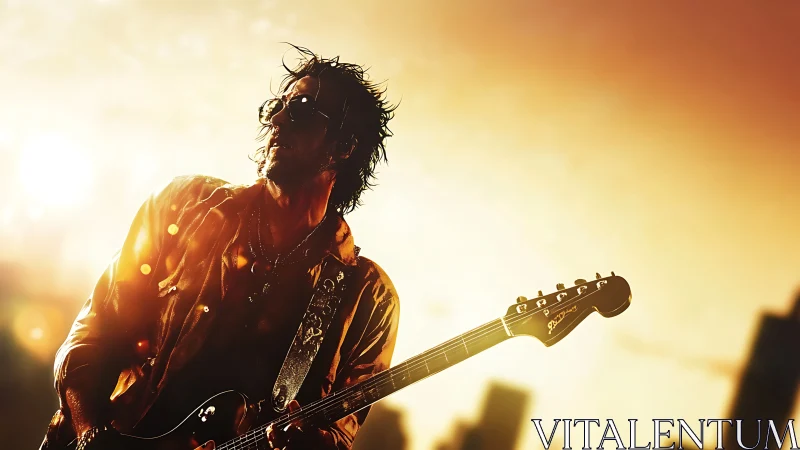 Sunlit rock guitarist plays against a glowing city skyline