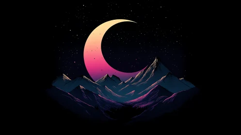 Crescent moon backlight sculpts stylized neon-rimmed mountains precisely