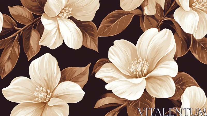 Cream Florals on Deep Ebony: An Elegant Botanical Canvas