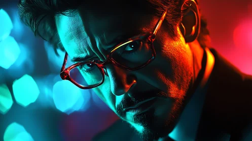 Neon-lit thinker framed in fiery teal and crimson glow.