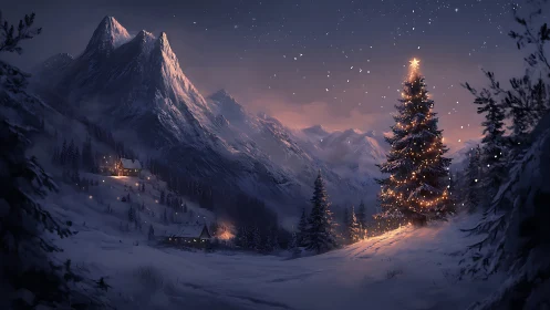 Winter mountain valley with glowing Christmas tree at dusk.