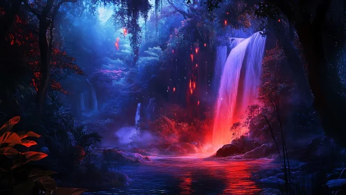 Bioluminescent rainforest cascade in neon magenta and cyan.