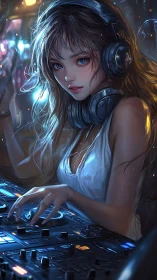 Nightclub DJ girl at mixer with vivid neon lighting.